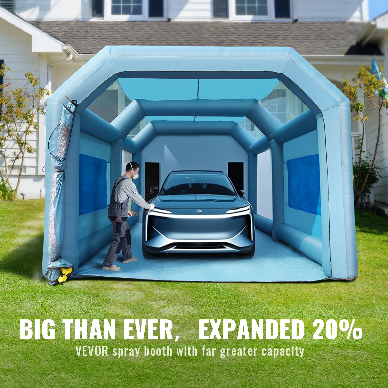 KFFKFF 26x15x11ft Inflatable Paint Booth with Dual Blowers, Spray Booth Tent with Air Filtration System for Vehicle Painting, Parking, and Workshop Use