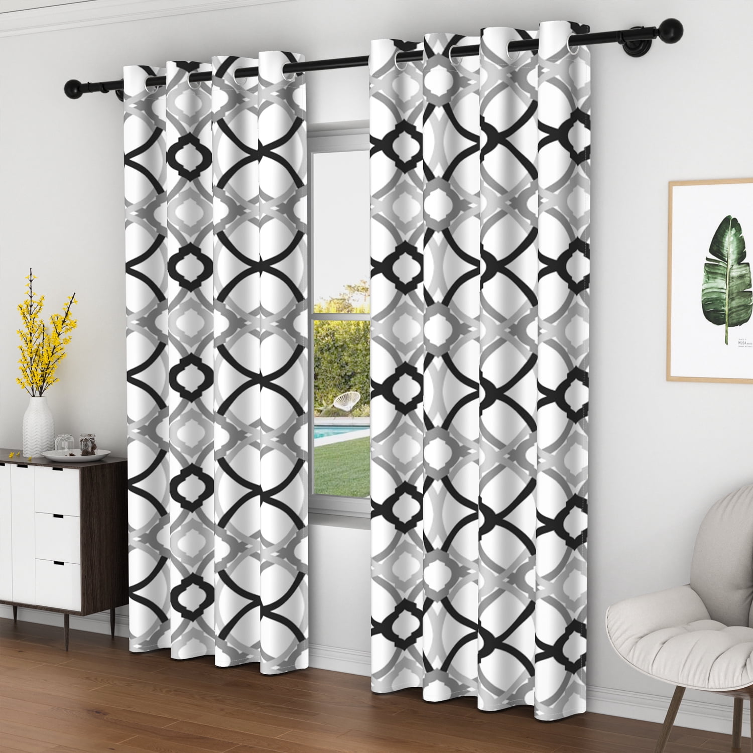 Lfeey Blackout Curtains Geometric Modern Grommet Curtains, Room Darkening Privacy Drapes, Black and Gray, 42x63 Inches, 2 Panels