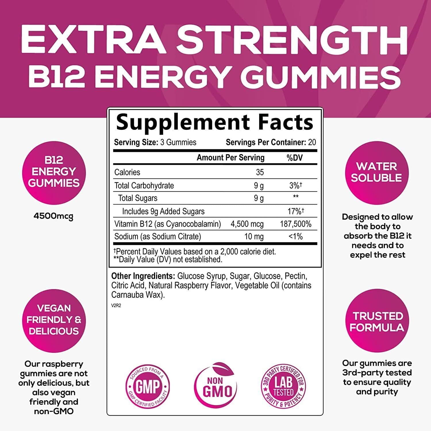 B12 Energy Gummies - 4500 mcg Vitamin B12 Per Serving - Extra Strength Chewable B12 Supplement for Energy, Metabolism & Immune Support - For Women, Men & Kids - Natural & Berry Flavored - 120 Gummies