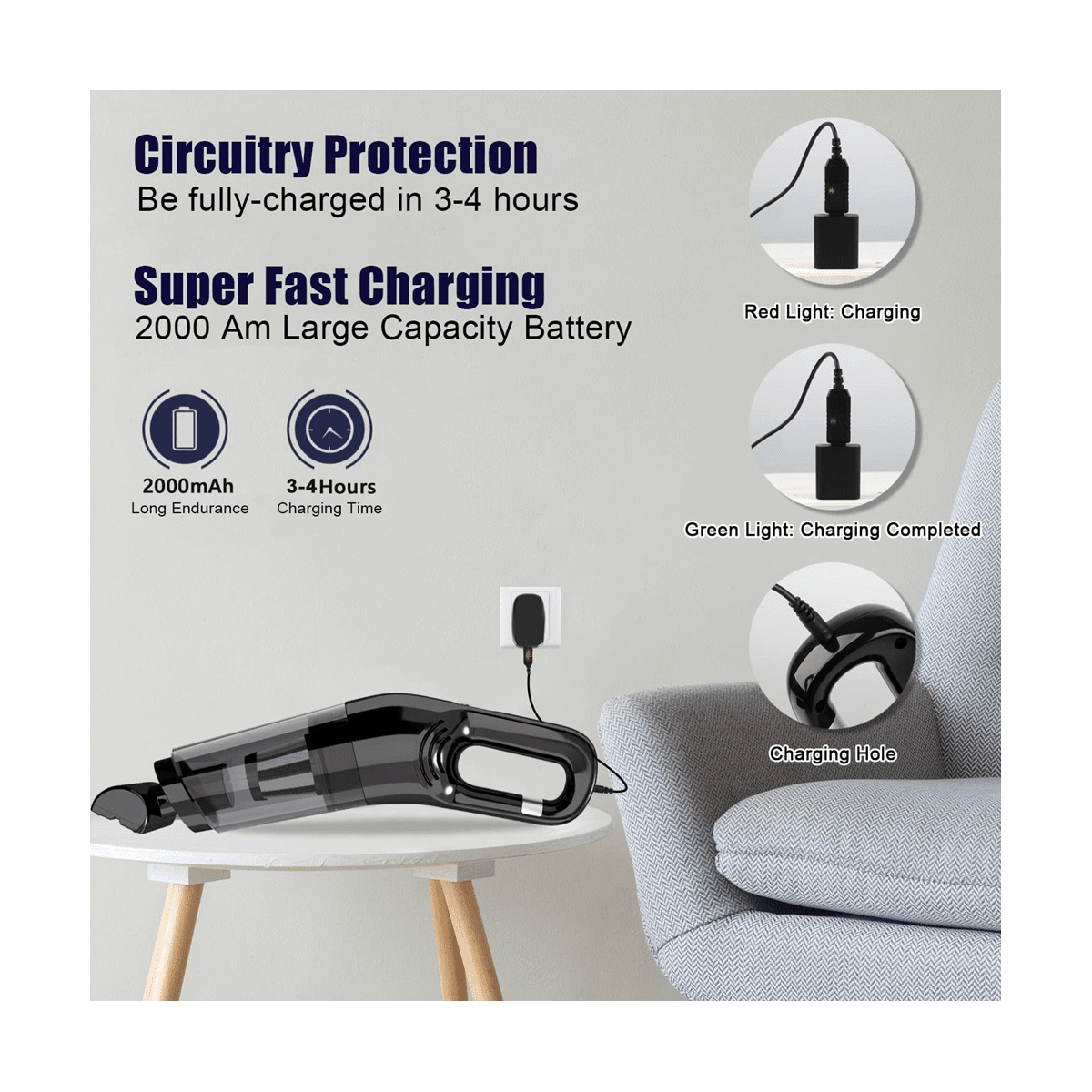 Hand Vacuum Cleaner Cordless Portable Handheld Vacuum Rechargeable Small Car Vacuum with 120W High Power