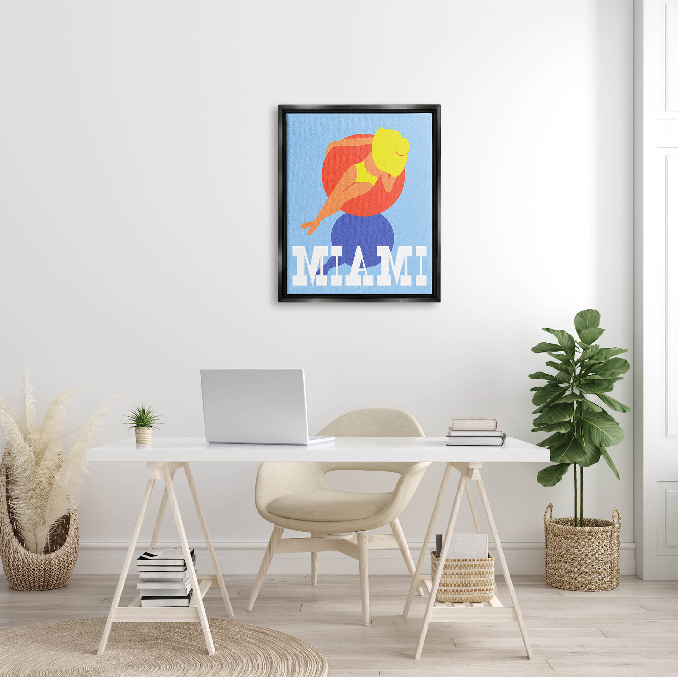 Stupell Industries Miami Woman in Pool Float Graphic Art Jet Black Floating Framed Canvas Print Wall Art, Design by Daphne Polselli