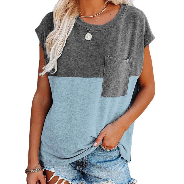 Nouveaux T-Shirts Décontractés Amples pour Femmes Design Assorti avec Poche Décorative Col Rond Manches Courtes Pulls