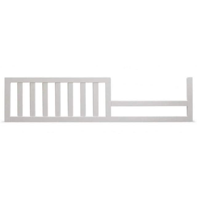 sorelle furniture rieles para niños pequeños y rieles para cama de tamaño completo para adultos, kit de conversión de cuna y riel de cama de madera sorelle, convierte la cuna de muebles sorelle en cam riel blanco de madera Sorelle en vista lateral con sección de barrotes verticales y barra doble, acabado liso blanco, perfil bajo y puntos de fijación visibles, diseñado para convertir cunas convertibles Sorelle en cama para niños pequeños o cama tamaño completo y compatible con modelos Anne Elite, Berkley, Brittney, Bridgeport, Fairview, Glendale, Madrid y Palisades; a menudo usado para añadir protección durante la transición a cama infantil.