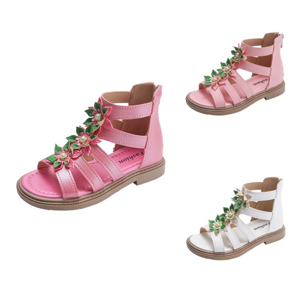Krdevn Floral High Top Strappy Sandals with Back Zipper, Low Block Heel Open Toe (Little Girls,Big Girls),5-5.5 Years