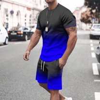 Men's 2 Piece Outfits Short Sleeve Golf Shirt Drawstring Shorts Set Tracksuit Blue XXL