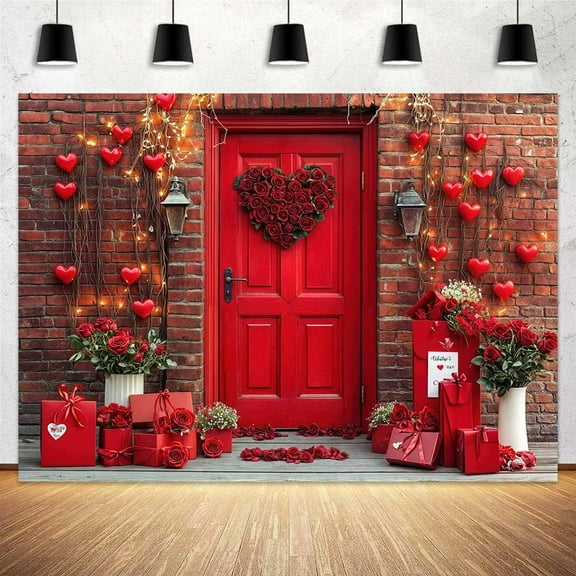 7 x 5 ft Happy Valentine's Day Photography Backdrop, Brick Wall with Red Door, Red Rose Heart Gift Decor Studio Background, Wedding Bridal Shower Party Photo Booth Props Backdrop