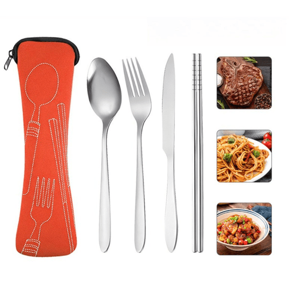 (4PCS) Reusable Flatware Sets, Stainless Steel Knife, Fork, Spoon, Portable Travel with Carry Pouch for Tableware