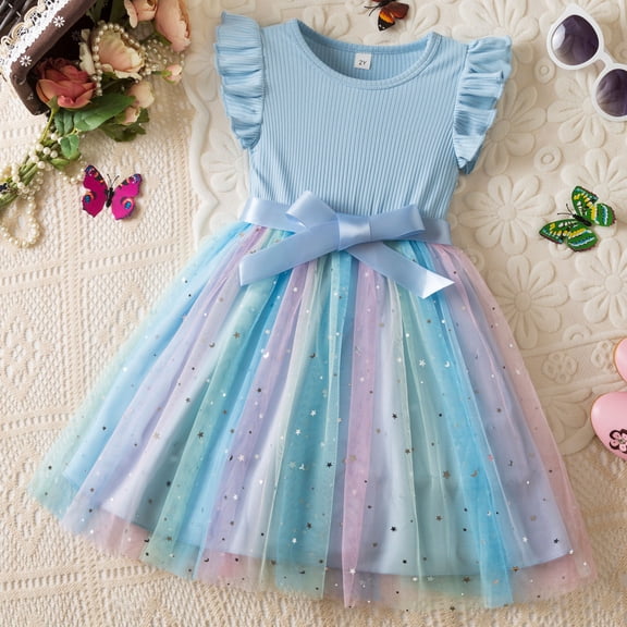 MUXiin Toddler Girl Dress Socks Colorful Flutter Ruffled A-Line Tshirt Dress Lightweight Toddler Baby Girl Summer Clothes
