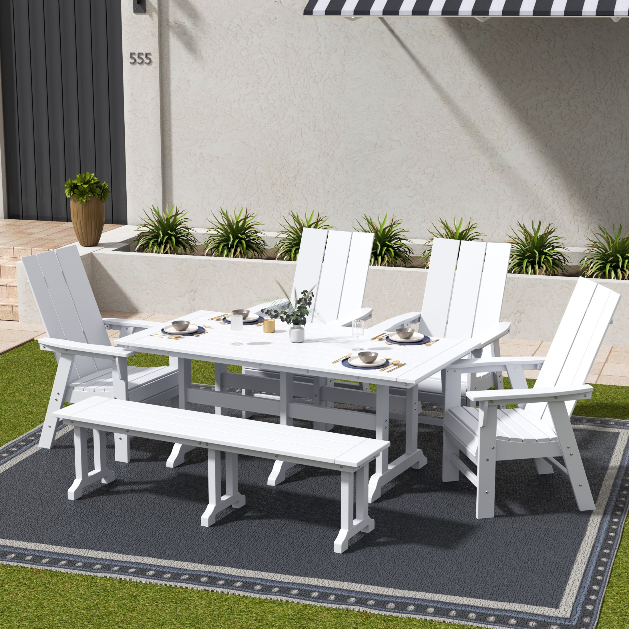 WestinTrends Ashore 6 Pieces Adirondack Patio Dining Set with Bench, All Weather Poly Lumber Slatted Outdoor Furniture Set, 71" Trestle Table and 4 Adirondack Chair and Outdoor Bench, White