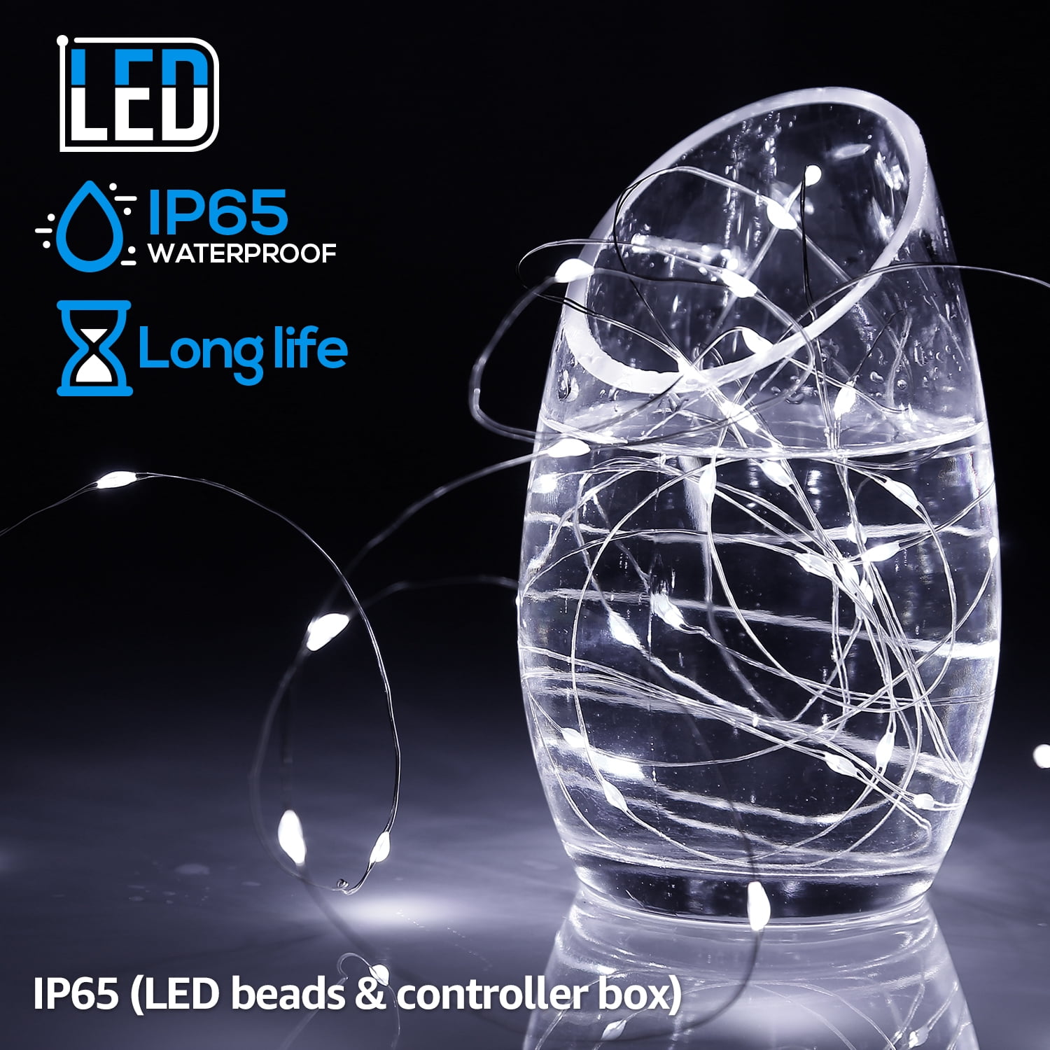 33ft 100 LEDs Outdoor String Lights, Waterproof Daylight Copper Wire Fairy Light for Bedroom, Wedding, Garden, Patio