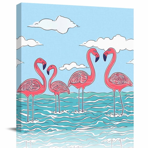 Framed Canvas Wall Art for Living Room Pink Flamingo Wall Decor, Hello Sunshine Cloud Sky Aesthetic Paintings for Bedroom Office Kitchen Bathroom, Ready to Hang Artwork Wall Pictures 8x8 Inch