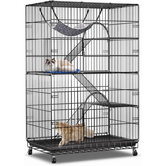 4-Tier Cat Cage 51 Inch Cat Crate Kennel Enclosure Playpen Large Metal Pet Cat Kitten Ferret Animal House Cage Indoor Outdoor with 2 Doors & 1 Hammock