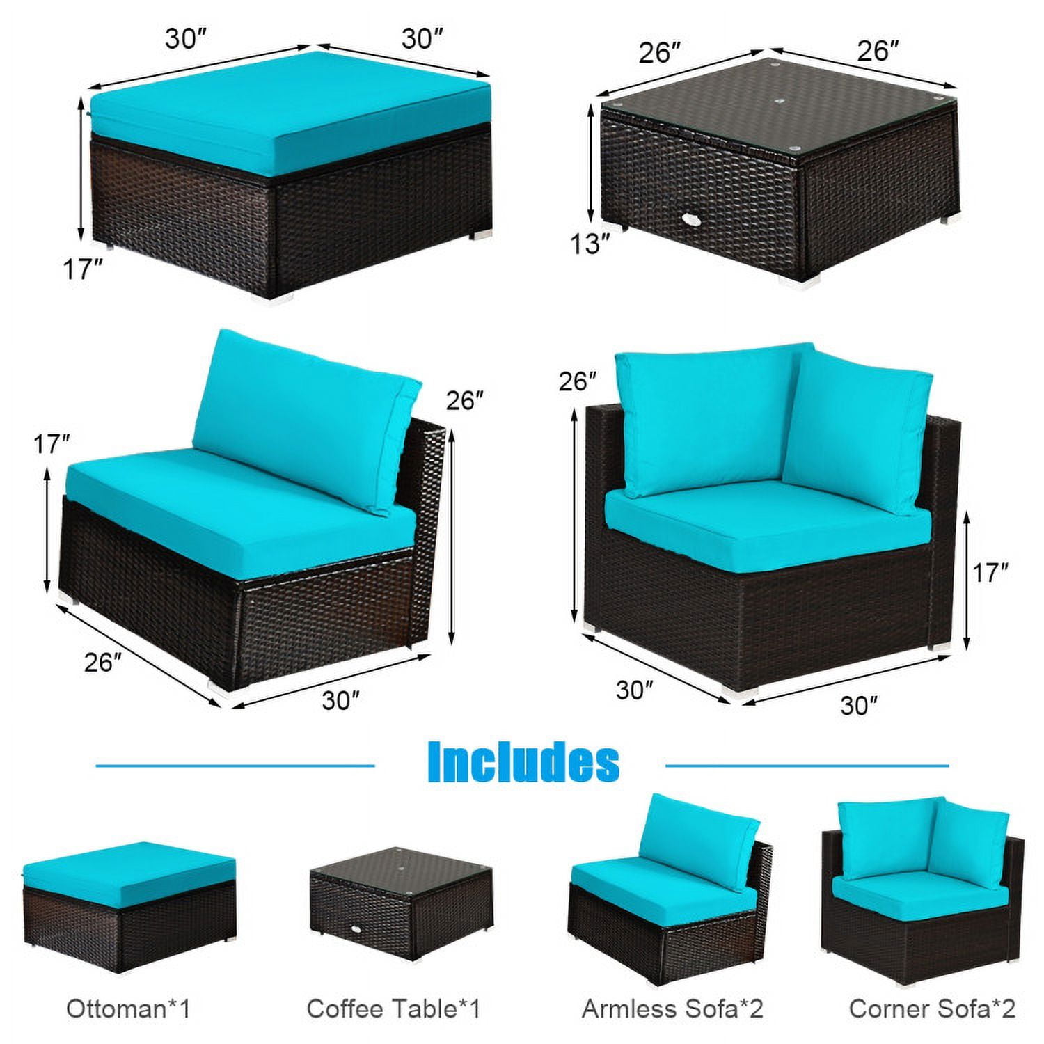 Aimee Lii 6 Pieces Outdoor Patio Rattan Furniture Set Sofa Ottoman, Outdoor Deck Furniture, Turquoise
