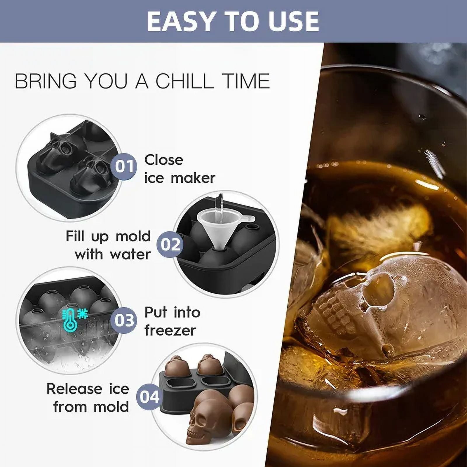 3D Skull Silicone Mold Ice Cube Tray Mould Ice Cube Maker Ice Ball Mold Whiskey Wine Cocktail Ice Cube Ice Ball Mold