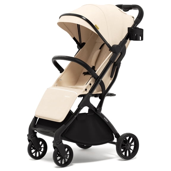 newyoo GlideTow TR18M Baby Travel Stroller, Compact Lightweight Infant/Toddler Stroller with Luggage Handle, Cup Holder, One-Hand Easy Fold, Lay Flat Seat, Almond