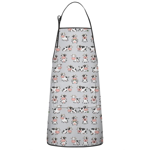 Gray Cow Expression Pattern Apron-Garden Aprons for Women with Pockets-Cotton Linen Waterproof Kitchen Cooking Gardening Aprons Adjustable for Kitchen,Cooking,BBQ and Salon 33x27 Inch