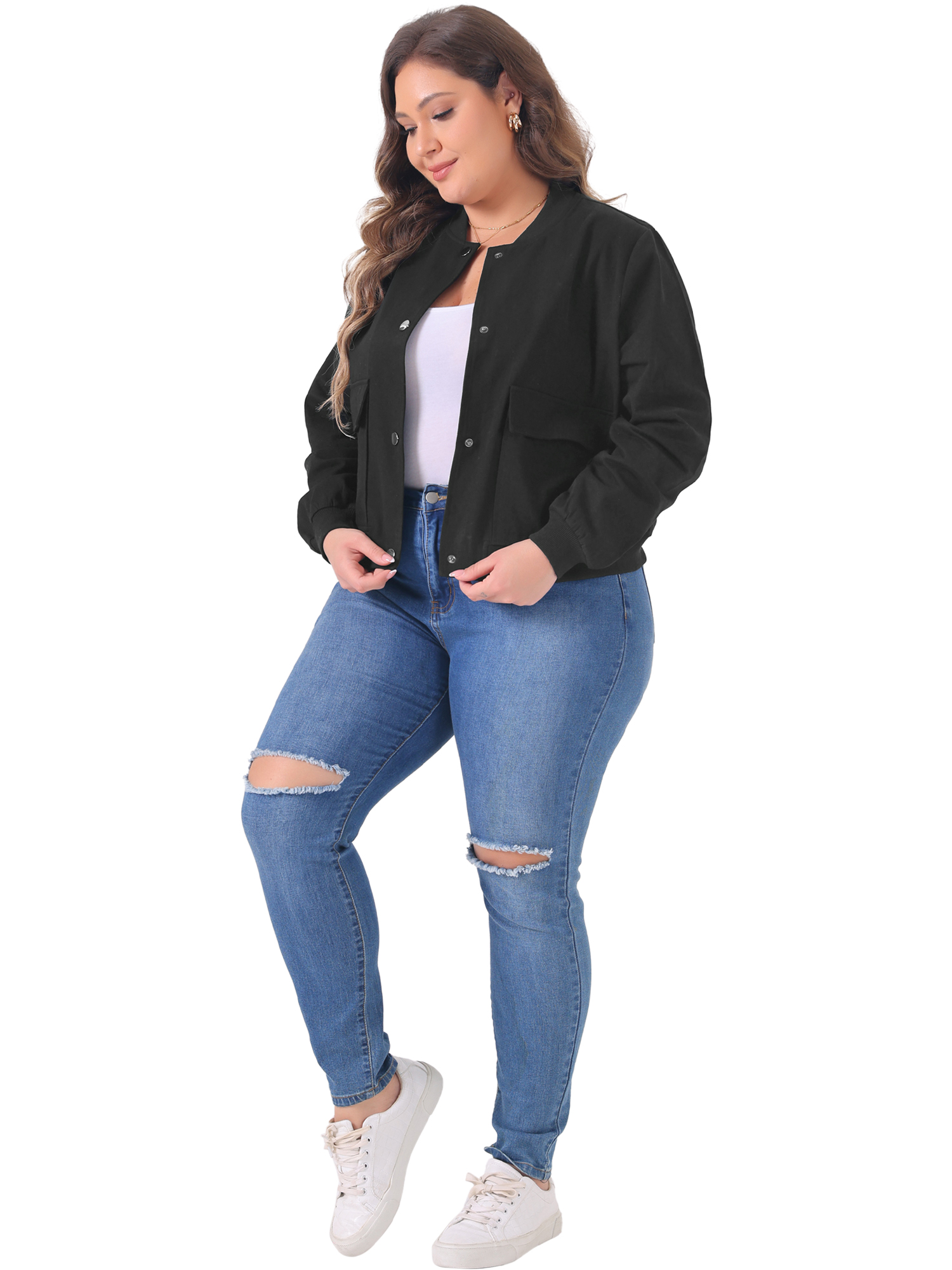 DARING DIVA Plus Size Long Sleeve Stand Collar Button Down Jacket 4X Black