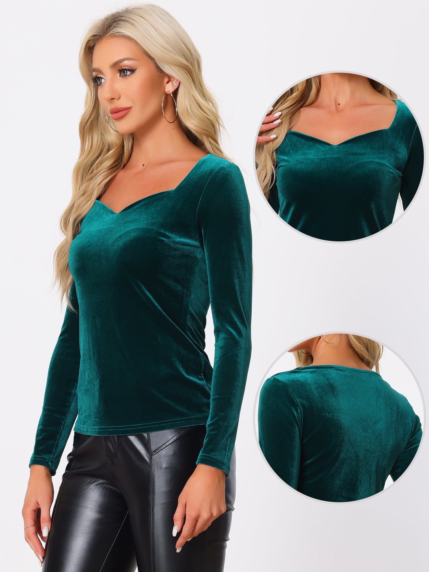 DARING DIVA Women's Velvet Sweetheart Neck Long Sleeves T-Shirt XL Blue Green