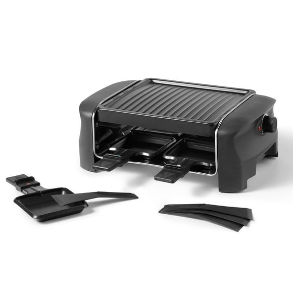 Starfrit 4-Person Party Grill Raclette, Non-Stick Grill Plate, Ribbed Surface, Adjustable Temperature, 600 Watts, Easy to Clean, Black