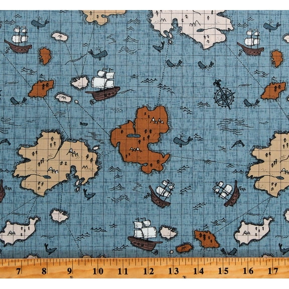 Cotton Map Islands Ships Sailing Nautical Whales Pirates Compass Fictional Calm Waters Blue Cotton Fabric Print by the Yard (90610-40)