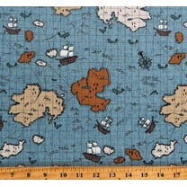 Cotton Map Islands Ships Sailing Nautical Whales Pirates Compass Fictional Calm Waters Blue Cotton Fabric Print by the Yard (90610-40)