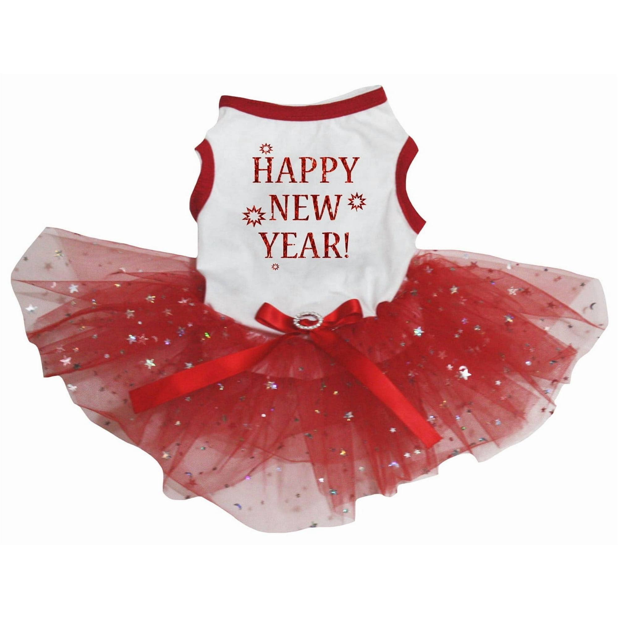 Petitebelle Happy New Year Puppy Dog Dress (White/Red Stars XX-Large)