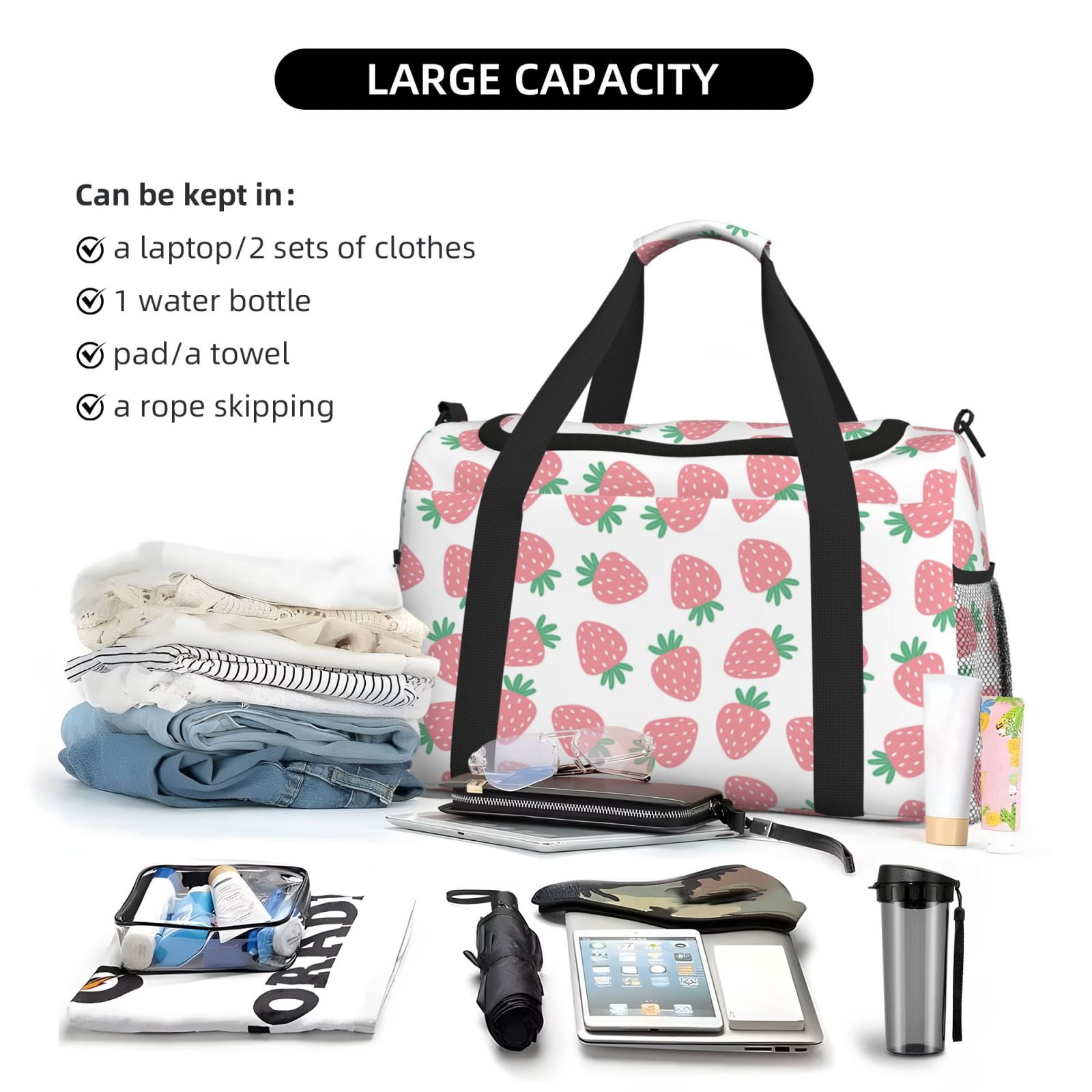 Fuzoiu Strawberry Print Travel Duffle Bag,Carry On Tote Bags,Duffel Bag,Sport Gym Bag, Hospital Bag for Labor and Delivery, Overnight Bag,Luggage Bag