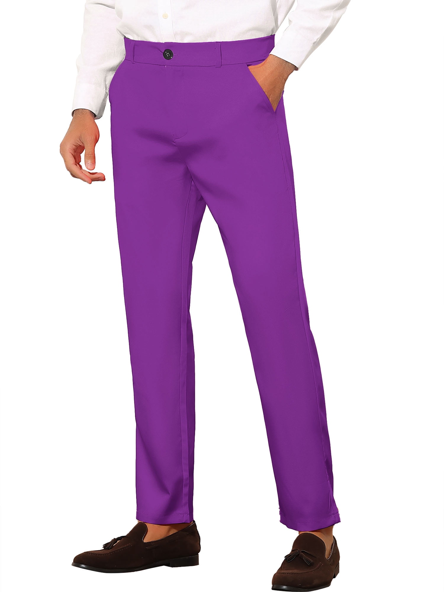 Unique Bargains Men's Slim Fit Trousers Flat Front Solid Color Business Pants 36 Purple