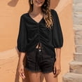 thumbnail image 2 of Blusa fruncida con cordón delantero Linterna Manga 3/4 Gasa Cuello en V Camisa con cordón fruncido Top para mujer, 2 of 8