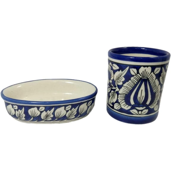 India Meets India Handicraft Ceramic Soap Dish and Toothbrush Holder Bathroom Accessories Set, Best Gifting, Made by Awarded Indian Artisan