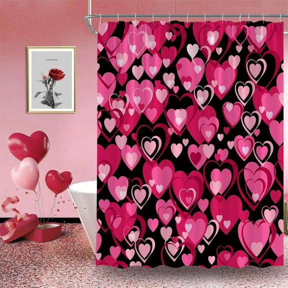 Valentine''s Day Shower Curtain Hot Pink Heart Romantic Dreamy Sweet Love Heart Modern Creative Lover Couple Woman 70x70(WxH) Inch Bathroom Decor Fabric Curtain with Hooks