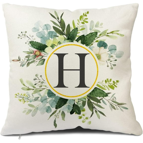 Monogram Letter H Throw Pillow Covers Floral 18x18 Inch, Greenery Spring Pillows Decorative Throw Pillows Pillowcase Summer Farmhouse Decor for Couch Sofa, Family Last Name Initial Pillow Case