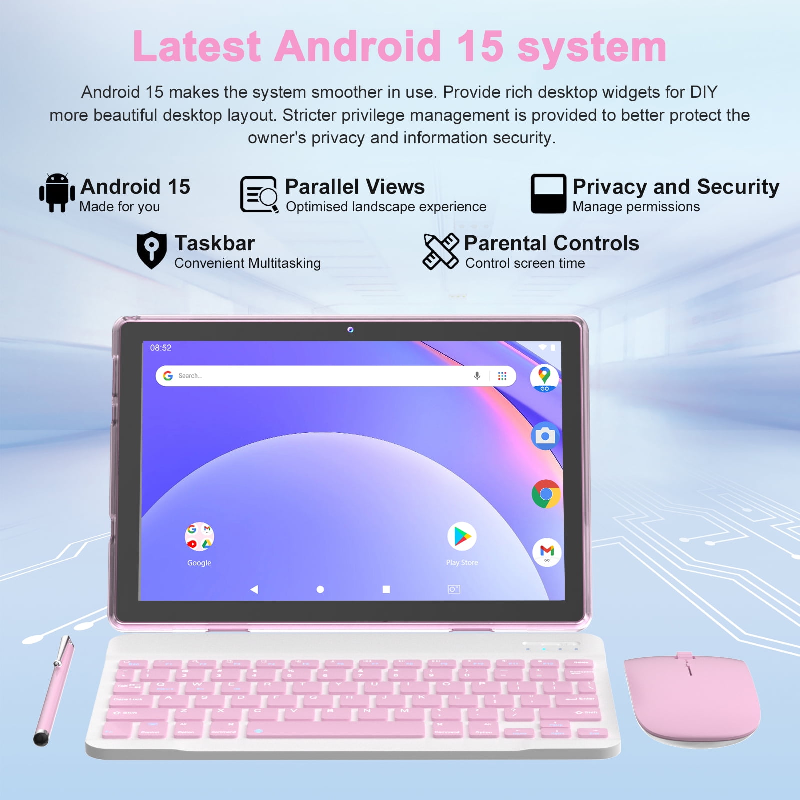 Android 15 Tablet 2 in 1 Tablets 10 Inch Tablet with Keyboard Mouse Case Protective Stylus 10.1" Tab 8GB+64GB Support 1TB Expansion 2MP+8MP Dual Camera 6000mAh Battery Bluetooth WIFI-6, Pink