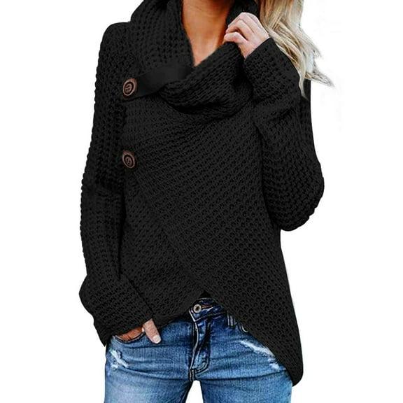 Waffle Knit Sweaters for Women Solid Color Loose Turtleneck Sweater Top Button Deco Wrap Front Sweatshirt