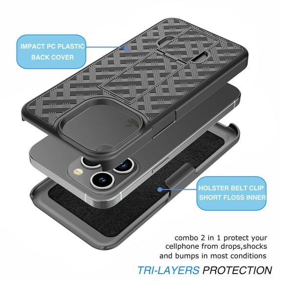 iPhone 15 Holster Case, Combo Shell Slim Rugged Takfox for iPhone 15 6.1" Case Cover with Kickstand, Swivel Belt Clip Holster Shockproof Protective Cover, Black