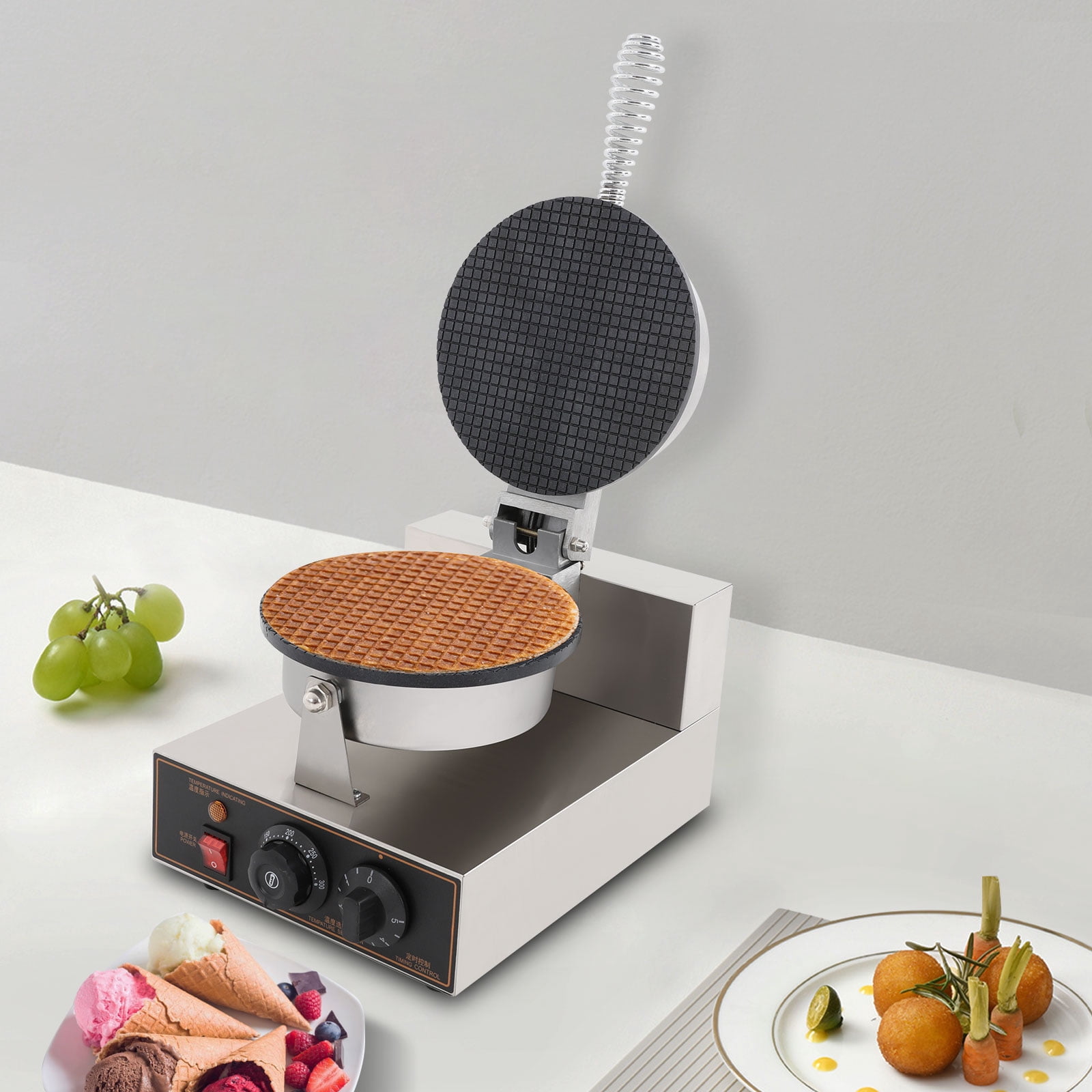 1200W Commercial Ice Cream Cone Machine, Stainless Steel Waffle Cone Maker, Temperature and Time Control