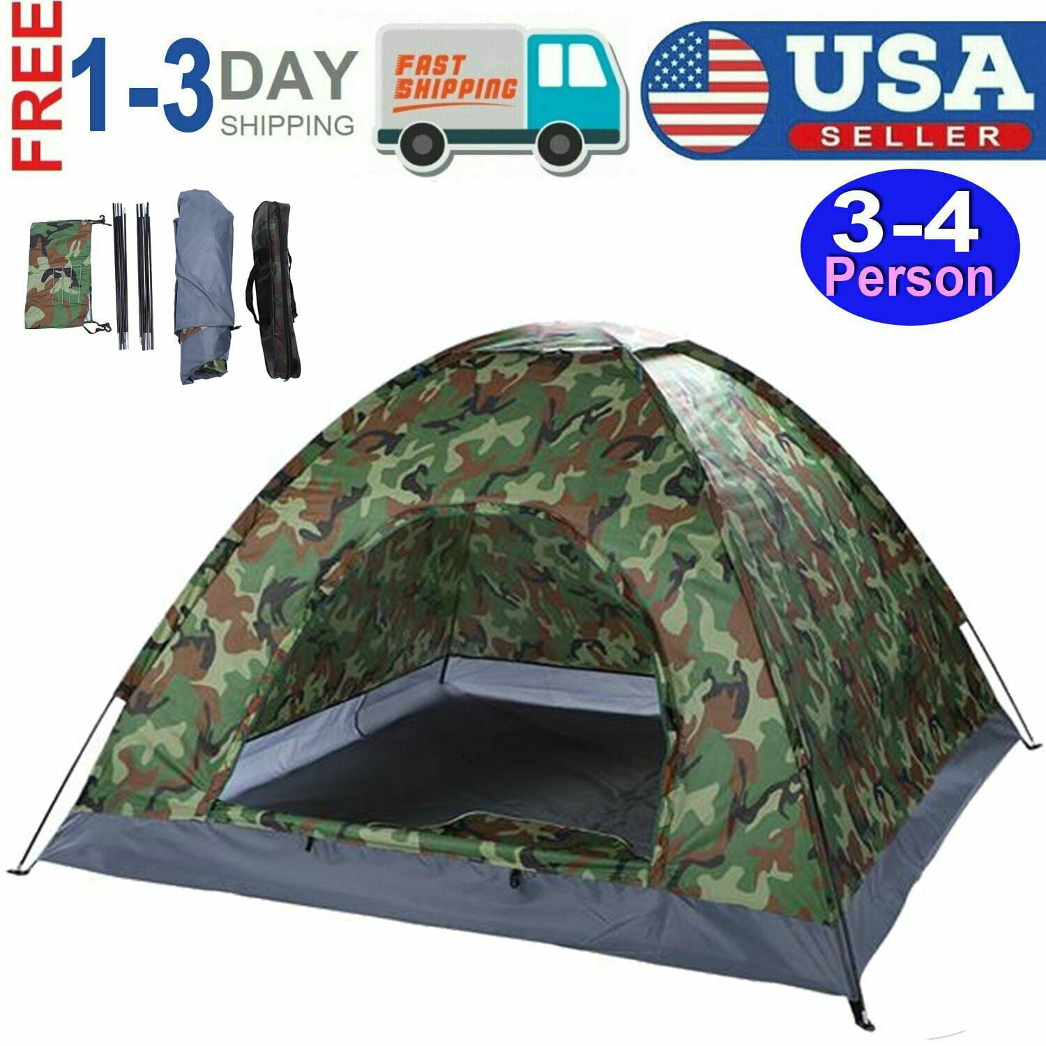 USA Camouflage 3-4 Person Outdoor Camping Dome Waterproof Tent Hiking Folding 
