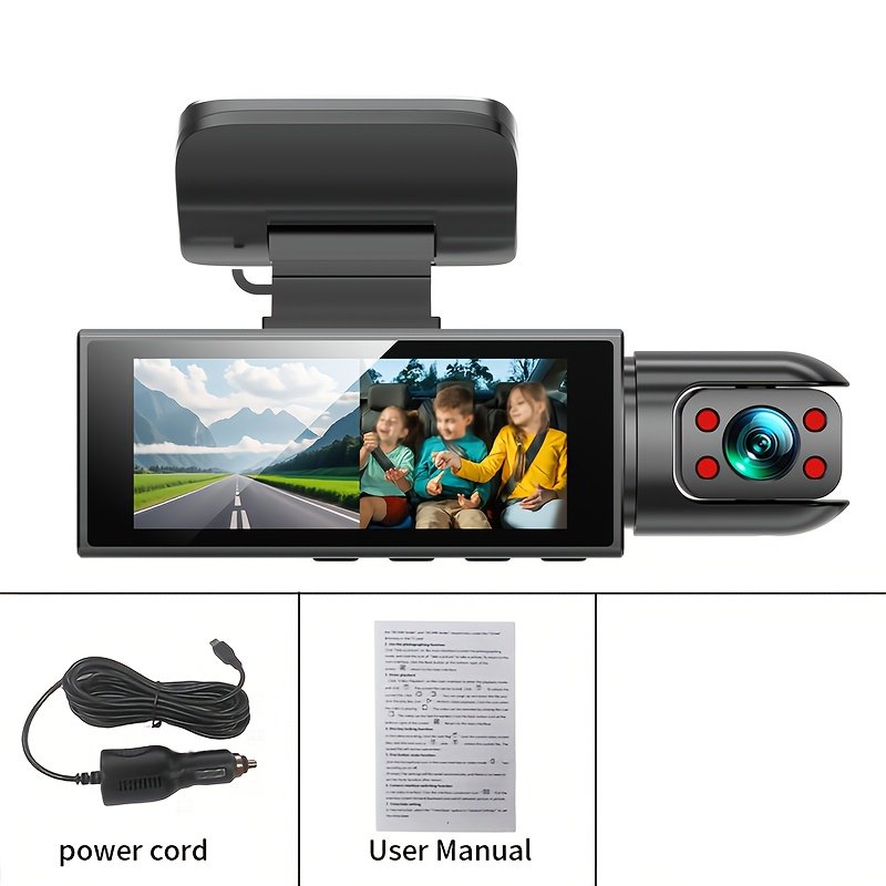 1080P dual-camera car dash cam that can simultaneously record footage of both the road ahead and the interior of the vehicle. Features infrared night vision and supports loop recording. Equipped with