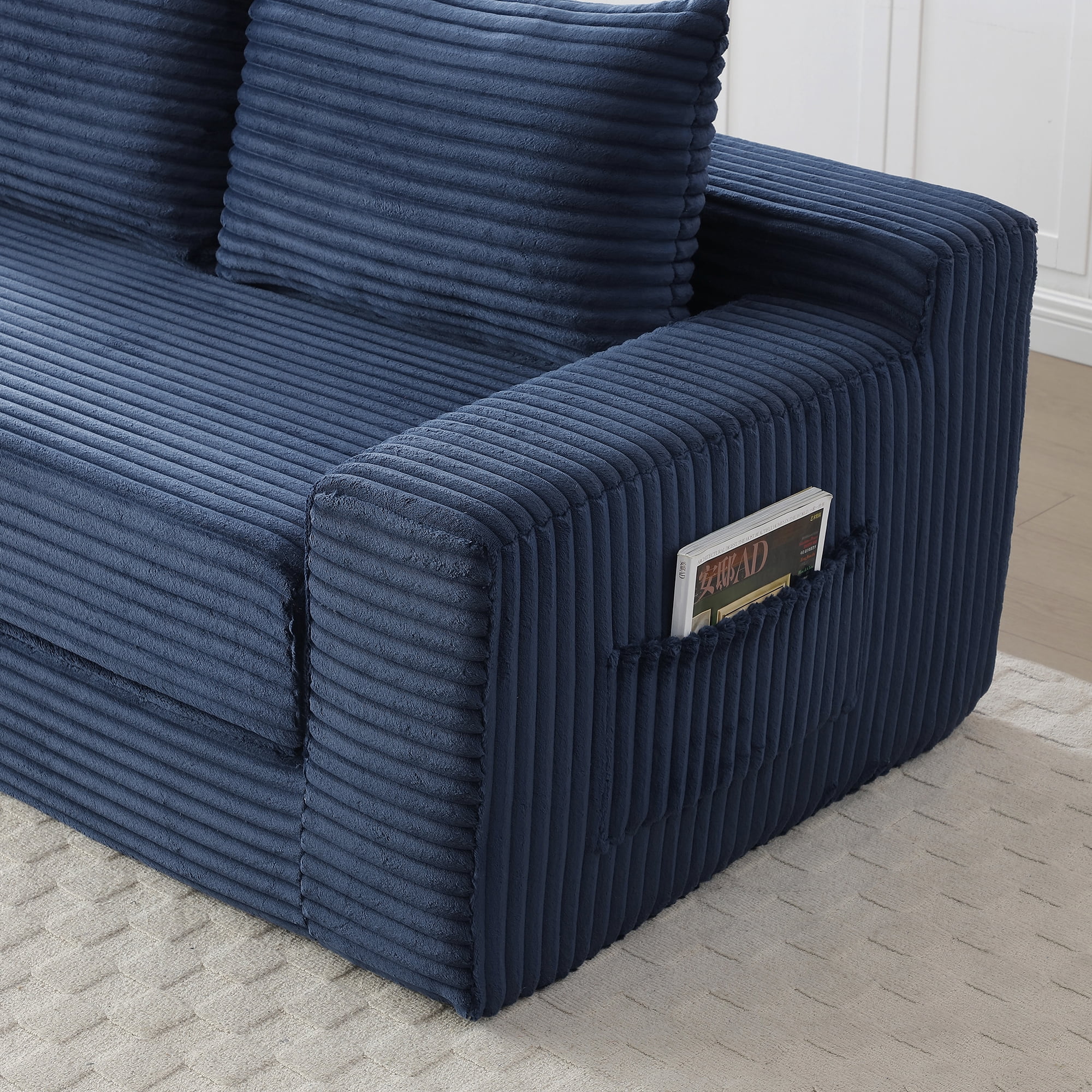 Miniyam Cloud Loveseat Sofa, 2 in 1 Convertible Folding Couch Bed, No Assembly Compressed Corduroy Floor Lounge Sofa for Apartment Office, Blue