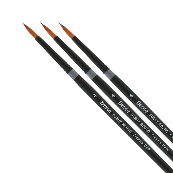 Creative Mark Beste Golden Taklon Bushy Round #4 - 3 Pack Artist Paint Brush, Professional Watercolor Brushes, For Acrylic Painting, Short Handle, Sharp Edges, Hand-Tied & Shaped