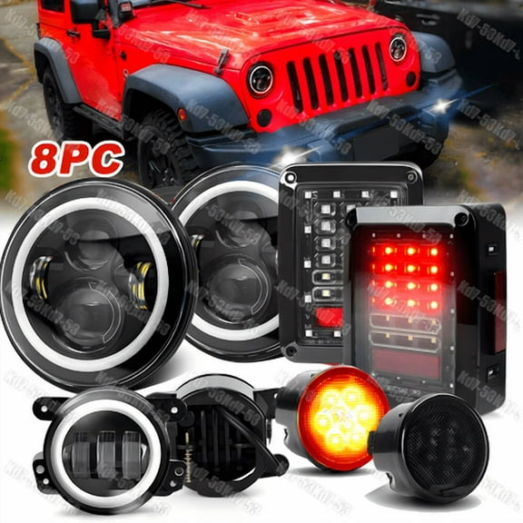 8PC 7" LED Headlight Tail Light Turn Signal   Fog LampKits For Jeep Wrangler JK