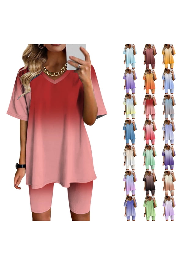 Womens Summer Two Piece Outfits Fashion Plus Size V-Neck Blouse Short Sleeve Tops Shorts Casual Suit Sets