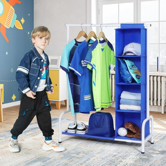 Kids Dress Up Storage Rack with Hanging Organizer, Blue/White Clothing Garment Rack for Baby Clothes