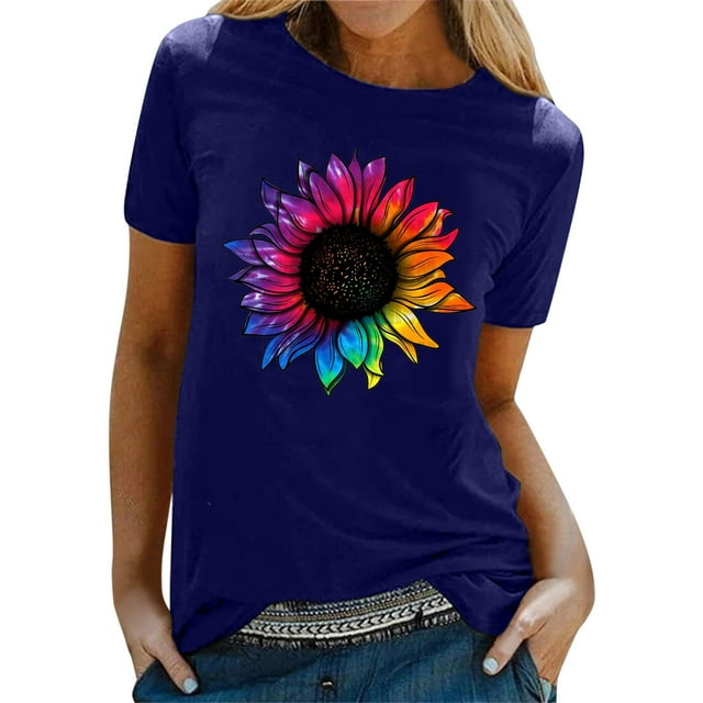 Gibobby Camisas De Vestir Camiseta informal con estampado de flores para mujer, camiseta de manga corta con cuello redondo, camiseta elegante holgada, blusa, Top(Azul, XXL)