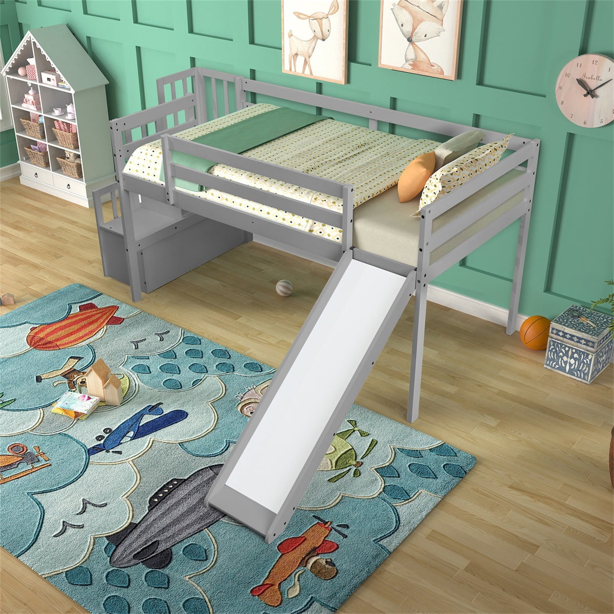 Bunk Bed with Staircase and Slide, Kids Wood Twin Loft Bed, Grey