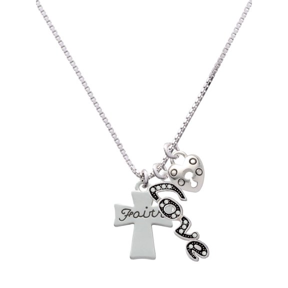Delight Jewelry Silvertone Faith Flat Cross - Love and Lock Charm Necklace, 18" 1"