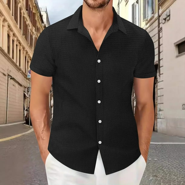 pstuiky camisetas de hombre, Camisa informal de verano para hombre, de color liso, de manga corta y con solapa y botones. camisetas de hombre xxxl