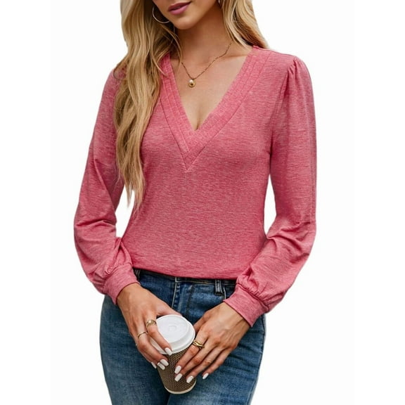 Women'S Multi-Layered V-Neck Solid Color Long Sleeved T-Shirt Casual Blouses Top Pink S