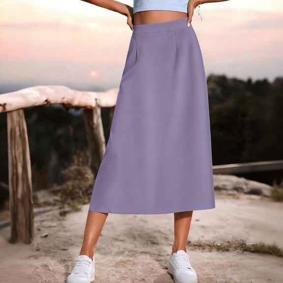 Gamivast Skirts for Women High Waisted A-Line Midi Skirt with Pockets Casual Skirt Work Office Skirt Flowy Pull on Modest Business Commuter Daily Wear Purple M
