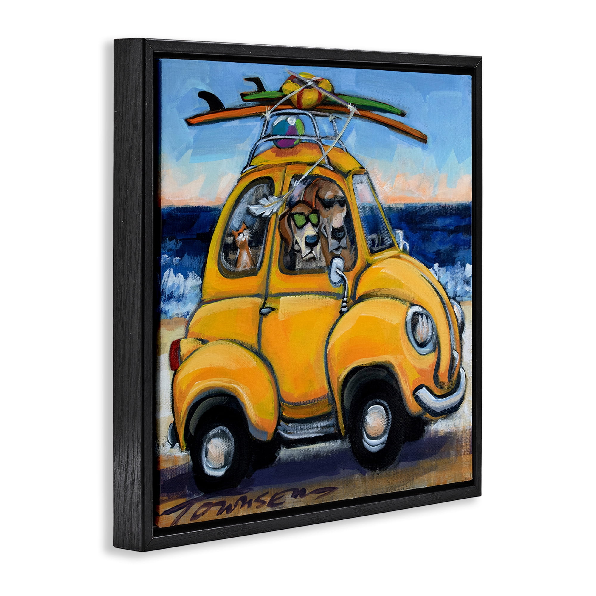 Stupell Industries Groovy Pet Beach Buggy Animals & Insects Painting Black Floater Framed Canvas Art Print Wall Art, 25 x 25